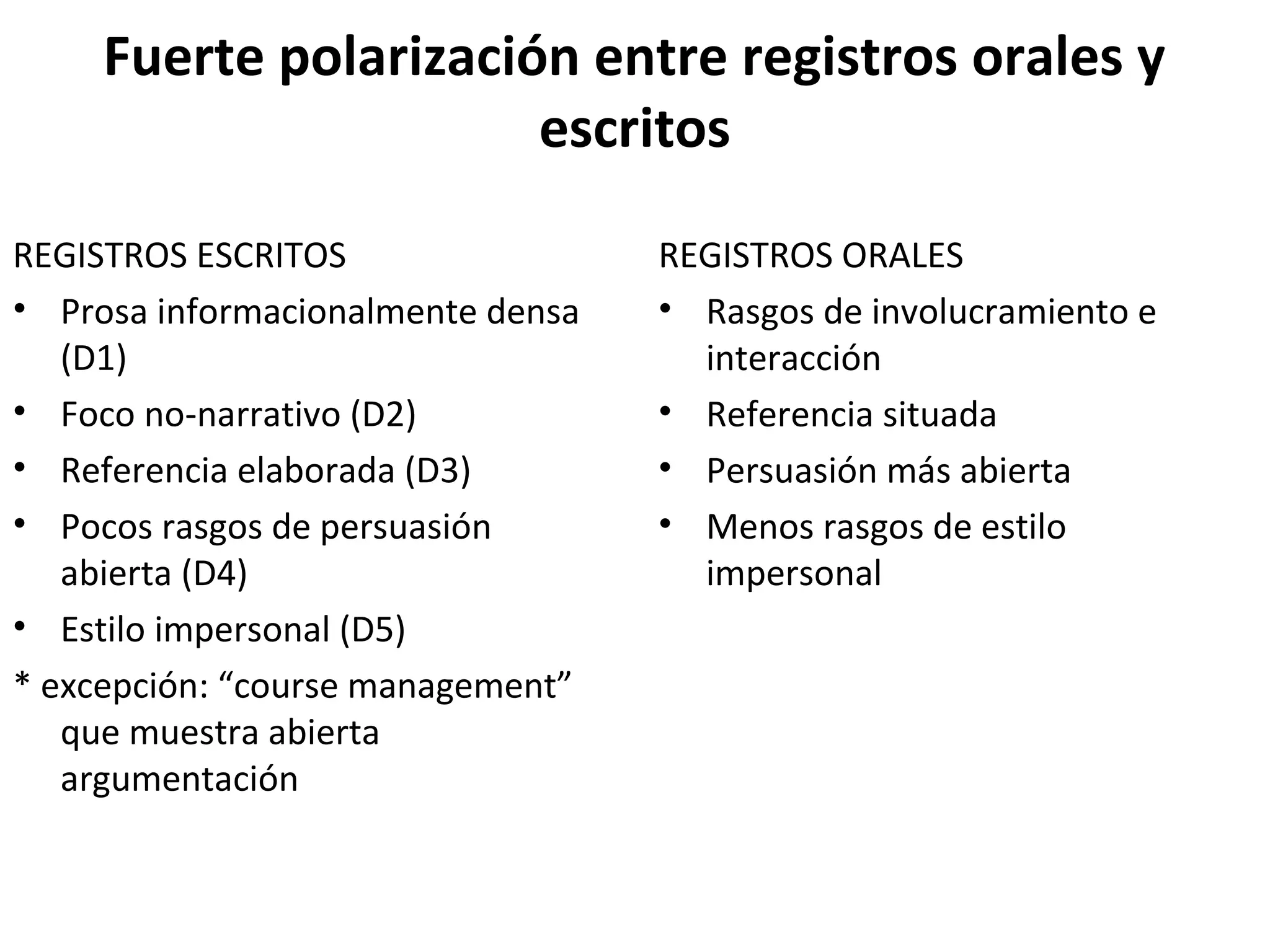 Fuerte polarización entre registros orales y
escritos
REGISTROS ESCRITOS
• Prosa informacionalmente densa
(D1)
• Foco no-narrativo (D2)
• Referencia elaborada (D3)
• Pocos rasgos de persuasión
abierta (D4)
• Estilo impersonal (D5)
* excepción: “course management”
que muestra abierta
argumentación
REGISTROS ORALES
• Rasgos de involucramiento e
interacción
• Referencia situada
• Persuasión más abierta
• Menos rasgos de estilo
impersonal
 