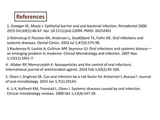 References
1. Groeger SE, Meyle J. Epithelial barrier and oral bacterial infection. Periodontol 2000.
2015 Oct;69(1):46-67. doi: 10.1111/prd.12094. PMID: 26252401
2.Holmstrup P, Poulsen AH, Andersen L, StudOdont TS, Fiehn NE. Oral infections and
systemic diseases. Dental Clinics. 2003 Jul 1;47(3):575-98.
3.Rautemaa R, Lauhio A, Cullinan MP, Seymour GJ. Oral infections and systemic disease—
an emerging problem in medicine. Clinical Microbiology and Infection. 2007 Nov
1;13(11):1041-7.
4. Allaker RP, Memarzadeh K. Nanoparticles and the control of oral infections.
International journal of antimicrobial agents. 2014 Feb 1;43(2):95-104.
5. Olsen I, Singhrao SK. Can oral infection be a risk factor for Alzheimer's disease?. Journal
of oral microbiology. 2015 Jan 1;7(1):29143.
6. Li X, Kolltveit KM, Tronstad L, Olsen I. Systemic diseases caused by oral infection.
Clinical microbiology reviews. 2000 Oct 1;13(4):547-58.
 