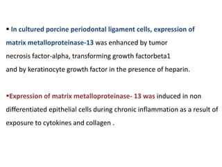  In cultured porcine periodontal ligament cells, expression of
matrix metalloproteinase-13 was enhanced by tumor
necrosis factor-alpha, transforming growth factorbeta1
and by keratinocyte growth factor in the presence of heparin.
Expression of matrix metalloproteinase- 13 was induced in non
differentiated epithelial cells during chronic inflammation as a result of
exposure to cytokines and collagen .
 