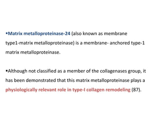 Matrix metalloproteinase-24 (also known as membrane
type1-matrix metalloproteinase) is a membrane- anchored type-1
matrix metalloproteinase.
Although not classified as a member of the collagenases group, it
has been demonstrated that this matrix metalloproteinase plays a
physiologically relevant role in type-I collagen remodeling (87).
 