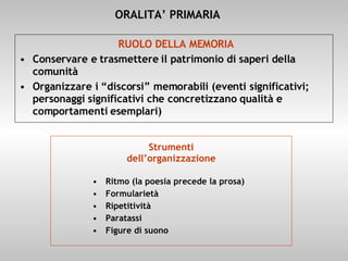 RUOLO DELLA MEMORIA Conservare e trasmettere il patrimonio di saperi della comunità Organizzare i “discorsi” memorabili (eventi significativi; personaggi significativi che concretizzano qualità e comportamenti esemplari) Strumenti dell’organizzazione ORALITA’ PRIMARIA Ritmo (la poesia precede la prosa) Formularietà Ripetitività Paratassi Figure di suono 