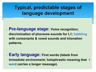 ❏ Pre-language stage: Voice recognition;
discrimination of phoneme sounds for L1; babbling
with consonants & vowel sounds and intonation
patterns.
❏ Early language: First words (labels from
immediate environment; holophrastic meaning that 1
word carries a longer message).
Typical, predictable stages of
language development
 