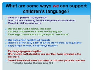 ❏ Serve as a positive language model
❏ Give children interesting first-hand experiences to talk about
❏ Repeat & reinforce new words
❏ Observe talk, wait & ask Qs, then listen
❏ Talk with children often & listen to what they say
❏ Encourage conversations that go beyond “here & now”
❏ Use open-ended questions & prompts
❏ Read to children daily & talk about the story before, during, & after
❏ Enjoy songs, rhymes, & fingerplays together
❏ Play language games together
❏ Offer models so that children can hear their home language in the
classroom.
❏ Share informational books that relate to children’s particular interests
The Creative Curriculum (Heroman & Jones, 2010)
What are some ways we can support
children’s language?
 