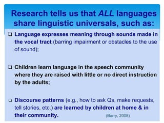 ❏ Language expresses meaning through sounds made in
the vocal tract (barring impairment or obstacles to the use
of sound);
❏ Children learn language in the speech community
where they are raised with little or no direct instruction
by the adults;
❏ Discourse patterns (e.g., how to ask Qs, make requests,
tell stories, etc.) are learned by children at home & in
their community. (Barry, 2008)
Research tells us that ALL languages
share linguistic universals, such as:
 
