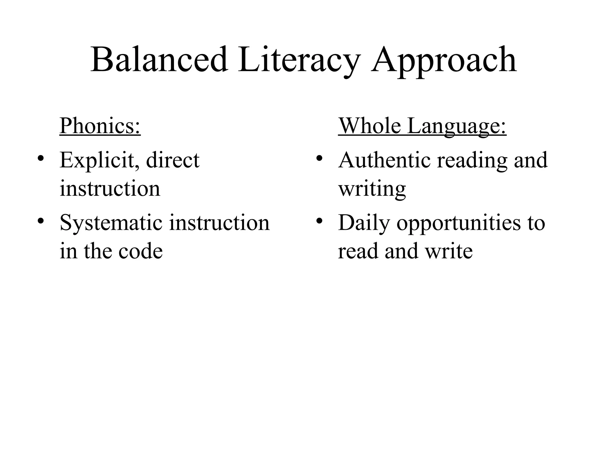 Balanced Literacy Approach
Phonics:
• Explicit, direct
instruction
• Systematic instruction
in the code
Whole Language:
• Authentic reading and
writing
• Daily opportunities to
read and write
 