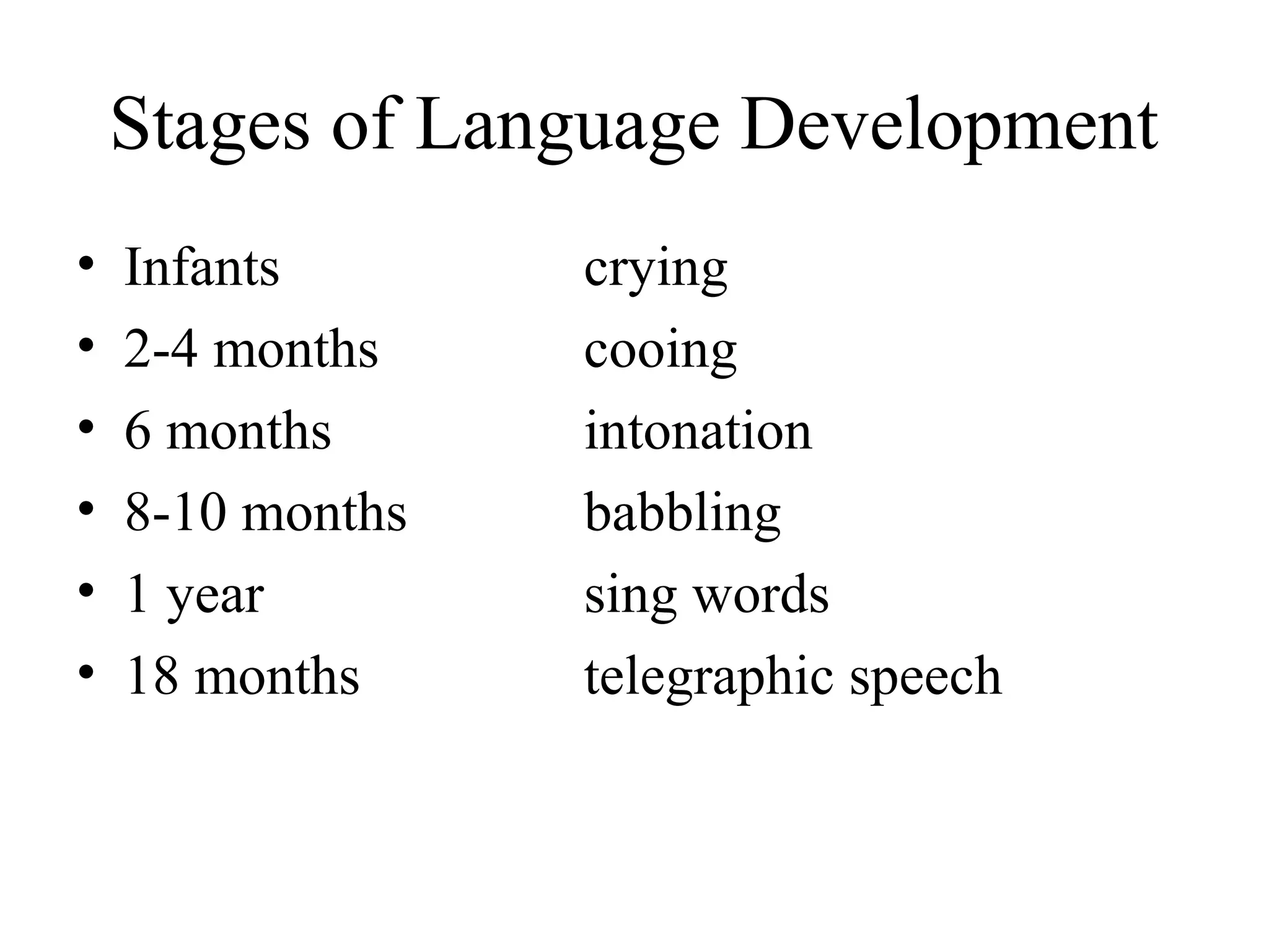Stages of Language Development
• Infants crying
• 2-4 months cooing
• 6 months intonation
• 8-10 months babbling
• 1 year sing words
• 18 months telegraphic speech
 
