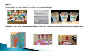 Syntax
Syntax refers to an understanding of word order and grammatical rules.
Morphology
Morphology refers to the smallest meaningful parts from which words are created, including roots, suffixes, and prefixes.
 