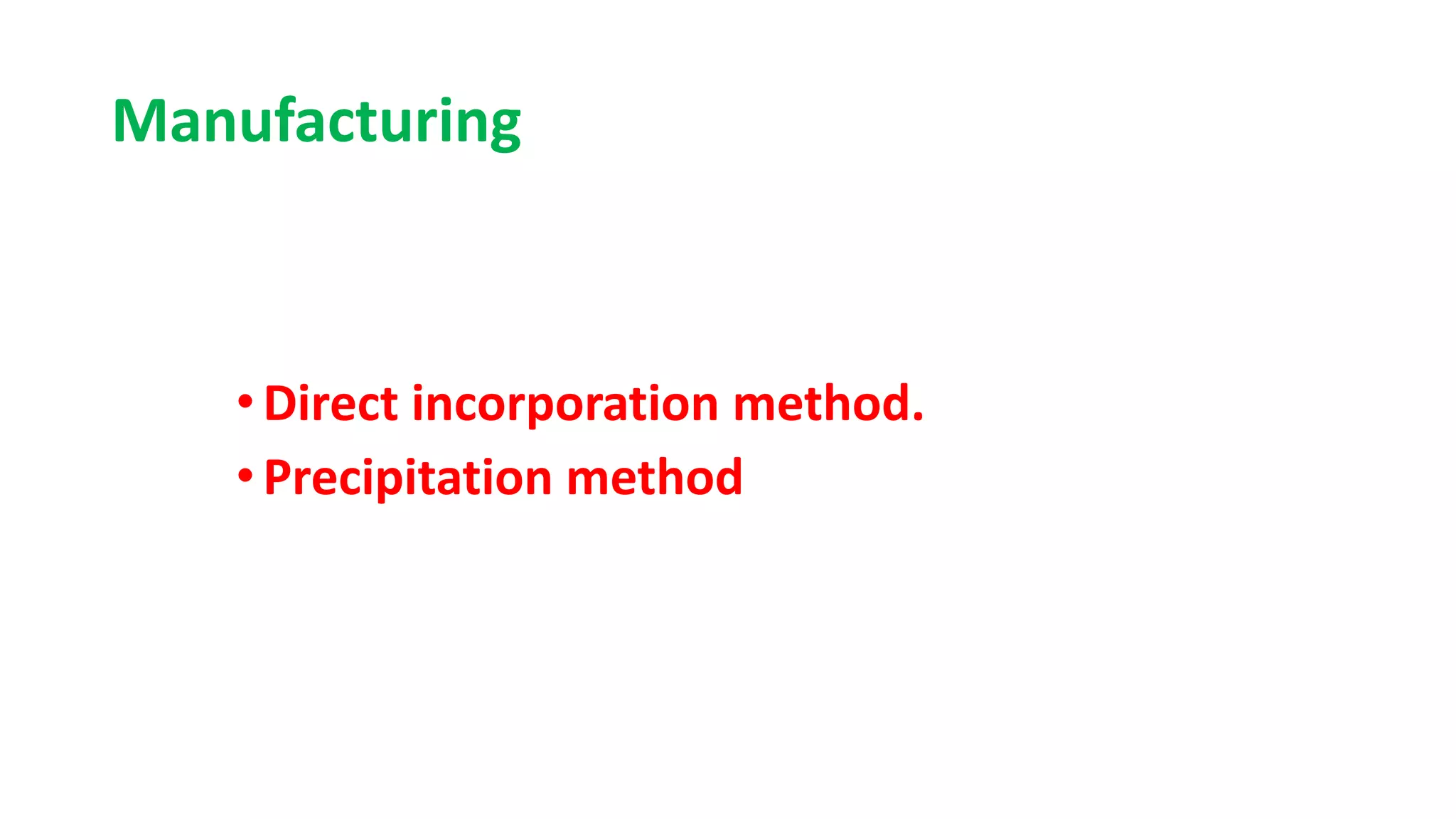 Manufacturing
•Direct incorporation method.
•Precipitation method
 