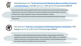Schwarzberg, Karen, et al. “The Personal Human Oral Microbiome Obscures the Effects of Treatment
on Periodontal Disease.” ...