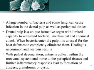 • A large number of bacteria and some fungi can cause
infection in the dental pulp as well as periapical tissues.
• Dental pulp is a unique formative organ with limited
capacity to withstand bacterial, mechanical and chemical
attack. When bacteria enter the pulp it is unusual for the
host defenses to completely eliminate them. Healing is
uncommon and necrosis results
• With pulpal degeneration, antigens collect within the
root canal system and move to the periapical tissues and
further inflammatory responses lead to formation of
abscess, granulomas or cysts.
123
 
