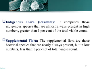 17
Indigenous Flora (Resident): It comprises those
indigenous species that are almost always present in high
numbers, greater than 1 per cent of the total viable count.
Supplemental Flora: The supplemental flora are those
bacterial species that are nearly always present, but in low
numbers, less than 1 per cent of total viable count
 