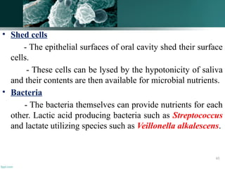 • Shed cells
- The epithelial surfaces of oral cavity shed their surface
cells.
- These cells can be lysed by the hypotonicity of saliva
and their contents are then available for microbial nutrients.
• Bacteria
- The bacteria themselves can provide nutrients for each
other. Lactic acid producing bacteria such as Streptococcus
and lactate utilizing species such as Veillonella alkalescens.
65
 