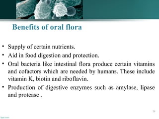 • Supply of certain nutrients.
• Aid in food digestion and protection.
• Oral bacteria like intestinal flora produce certain vitamins
and cofactors which are needed by humans. These include
vitamin K, biotin and riboflavin.
• Production of digestive enzymes such as amylase, lipase
and protease .
Benefits of oral flora
79
 