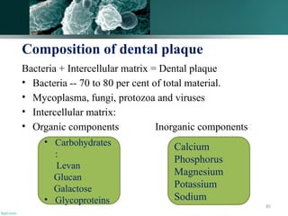 85
Composition of dental plaque
Bacteria + Intercellular matrix = Dental plaque
• Bacteria -- 70 to 80 per cent of total material.
• Mycoplasma, fungi, protozoa and viruses
• Intercellular matrix:
• Organic components Inorganic components
• Carbohydrates
:
Levan
Glucan
Galactose
• Glycoproteins
Calcium
Phosphorus
Magnesium
Potassium
Sodium
 