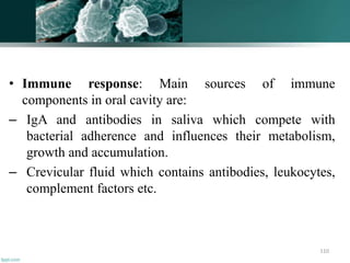 • Immune response: Main sources of immune
components in oral cavity are:
– IgA and antibodies in saliva which compete with
bacterial adherence and influences their metabolism,
growth and accumulation.
– Crevicular fluid which contains antibodies, leukocytes,
complement factors etc.
110
 