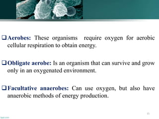 Aerobes: These organisms require oxygen for aerobic
cellular respiration to obtain energy.
Obligate aerobe: Is an organism that can survive and grow
only in an oxygenated environment.
Facultative anaerobes: Can use oxygen, but also have
anaerobic methods of energy production.
15
 