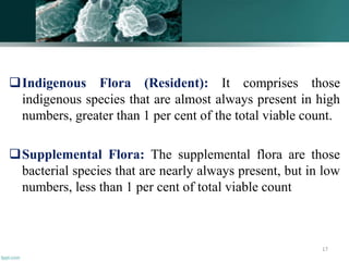 Indigenous Flora (Resident): It comprises those
indigenous species that are almost always present in high
numbers, greater than 1 per cent of the total viable count.
Supplemental Flora: The supplemental flora are those
bacterial species that are nearly always present, but in low
numbers, less than 1 per cent of total viable count
17
 
