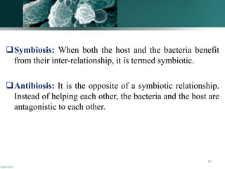 Symbiosis: When both the host and the bacteria benefit
from their inter-relationship, it is termed symbiotic.
Antibiosis: It is the opposite of a symbiotic relationship.
Instead of helping each other, the bacteria and the host are
antagonistic to each other.
20
 