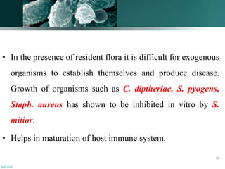 • In the presence of resident flora it is difficult for exogenous
organisms to establish themselves and produce disease.
Growth of organisms such as C. diptheriae, S. pyogens,
Staph. aureus has shown to be inhibited in vitro by S.
mitior.
• Helps in maturation of host immune system.
80
 