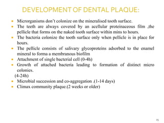  Microrganisms don’t colonize on the mineralised tooth surface.
 The teeth are always covered by an acellular proteinaceous film ,the
pellicle that forms on the naked tooth surface within mins to hours.
 The bacteria colonize the tooth surface only when pellicle is in place for
hours.
 The pellicle consists of salivary glycoproteins adsorbed to the enamel
mineral to forma a membranous biofilm
 Attachment of single bacterial cell (0-4h)
 Growth of attached bacteria leading to formation of distinct micro
colonies.
(4-24h)
 Microbial succession and co-aggregation .(1-14 days)
 Climax community plaque.(2 weeks or older)
25
 