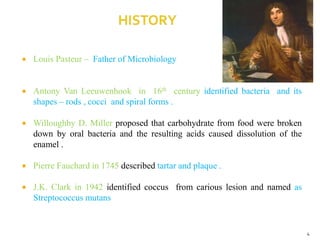  Louis Pasteur – Father of Microbiology
 Antony Van Leeuwenhook in 16th century identified bacteria and its
shapes – rods , cocci and spiral forms .
 Willoughby D. Miller proposed that carbohydrate from food were broken
down by oral bacteria and the resulting acids caused dissolution of the
enamel .
 Pierre Fauchard in 1745 described tartar and plaque .
 J.K. Clark in 1942 identified coccus from carious lesion and named as
Streptococcus mutans
4
 