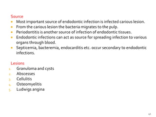 Source
 Most important source of endodontic infection is infected carious lesion.
 From the carious lesion the bacteria migrates to the pulp.
 Periodontitis is another source of infection of endodontic tissues.
 Endodontic infections can act as source for spreading infection to various
organs through blood.
 Septicemia, bacteremia, endocarditis etc. occur secondary to endodontic
infections.
Lesions
1. Granuloma and cysts
2. Abscesses
3. Cellulitis
4. Osteomyelitis
5. Ludwigs angina
41
 
