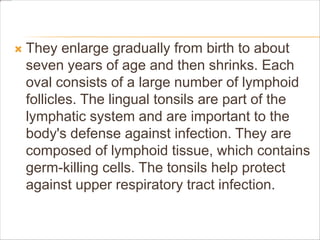  They enlarge gradually from birth to about
seven years of age and then shrinks. Each
oval consists of a large number of lymphoid
follicles. The lingual tonsils are part of the
lymphatic system and are important to the
body's defense against infection. They are
composed of lymphoid tissue, which contains
germ-killing cells. The tonsils help protect
against upper respiratory tract infection.
 