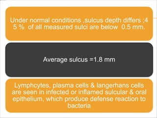 Under normal conditions ,sulcus depth differs ;4
5 % of all measured sulci are below 0.5 mm.
Average sulcus =1.8 mm
Lymphcytes, plasma cells & langerhans cells
are seen in infected or inflamed sulcular & oral
epithelium, which produce defense reaction to
bacteria
 