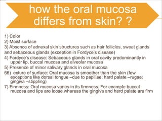 how the oral mucosa
differs from skin? ?
1) Color
2) Moist surface
3) Absence of adnexal skin structures such as hair follicles, sweat glands
and sebaceous glands (exception in Fordyce’s disease)
4) Fordyce’s disease: Sebaceous glands in oral cavity predominantly in
upper lip, buccal mucosa and alveolar mucosa
5) Presence of minor salivary glands in oral mucosa
66) exture of surface: Oral mucosa is smoother than the skin (few
exceptions like dorsal tongue –due to papillae; hard palate –rugae;
gingiva –stippling)
7) Firmness: Oral mucosa varies in its firmness. For example buccal
mucosa and lips are loose whereas the gingiva and hard palate are firm
 