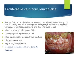Proliferative verrucous leukoplakia
 PVL is a field cancer phenomenon by which clinically normal-appearing oral
mucosa slowly transforms through advancing stages of clinical leukoplakia,
verrucous hyperplasia/ carcinoma, and then into invasive SCC
 More common in older women(4:1)
 Lower gingiva is a predilection site
 Most patients(78%) are usually non smokers
 High recurrence rate
 High malignant potential
 Increased correlation with oral Candida
infection
 