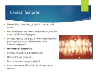Clinical features
 Necrotising ulcerative gingivitis have a rapid
onset.
 First symptoms are excessive salivation, metallic
taste, sensitivity of gingiva.
 Disease rapidly progress into extremely painful
punched-out ulcers which starts from
interdental papilla.
 Differential diagnosis:
1. Primary herpetic gingivostomatitis
2. Desquamative gingivitis
3. Mucous membrane pemphigoid
 Laboratory tests: Gingival sulcular secretion
culture.
 