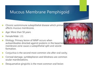 Mucous Membrane Pemphigoid
 Chronic autoimmune subepithelial disease which primarily
affects mucous membranes
 Age: More than 50 years
 Female:Male : 2:1
 Etiology: Primary lesion of MMP occurs when
autoantibodies directed against proteins in the basement
membrane zone cause a subepithelial split and vesicle
formation.
 Conjuctiva is the second most common site after oral cavity.
 Corneal damage, symblepheron and blindness are common
ocular manifestations.
 Desquamative gingivitis is the most common oral lesion
 