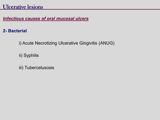 Ulcerative lesions
Infectious causes of oral mucosal ulcers
2- Bacterial
i) Acute Necrotizing Ulcerative Gingivitis (ANUG)
ii) Syphilis
iii) Tubercelusosis
 