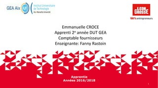 1
Apprentie
Années 2016/2018
Emmanuelle CROCE
Apprenti 2e année DUT GEA
Comptable fournisseurs
Enseignante: Fanny Rastoin
 