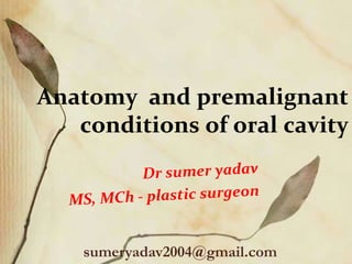Anatomy and premalignant
conditions of oral cavity
sumeryadav2004@gmail.com
 