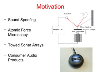 Motivation
• Sound Spoofing
• Atomic Force
Microscopy
• Towed Sonar Arrays
• Consumer Audio
Products
 