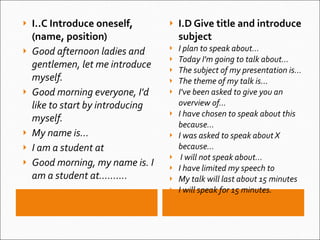 I..C Introduce oneself, (name, position)  Good afternoon ladies and gentlemen, let me introduce myself. Good morning everyone, I'd like to start by introducing myself. My name is... I am a student at  Good morning, my name is. I am a student at………. I.D Give title and introduce subject I plan to speak about... Today I'm going to talk about... The subject of my presentation is... The theme of my talk is... I've been asked to give you an overview of... I have chosen to speak about this because... I was asked to speak about X because... I will not speak about... I have limited my speech to My talk will last about 15 minutes I will speak for 15 minutes. 