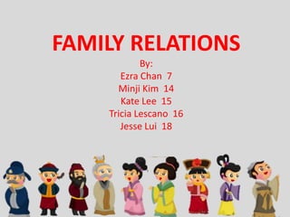 FAMILY RELATIONS
            By:
       Ezra Chan 7
      Minji Kim 14
       Kate Lee 15
    Tricia Lescano 16
       Jesse Lui 18
 