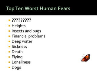  ?????????
 Heights
 Insects and bugs
 Financial problems
 Deep water
 Sickness
 Death
 Flying
 Loneliness
 Dogs
 