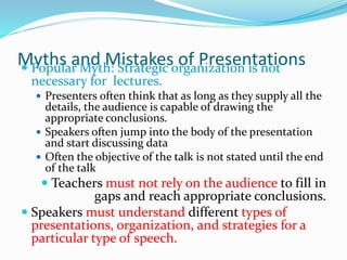 Myths and Mistakes of Presentations Popular Myth: Strategic organization is not
necessary for lectures.
 Presenters ofte...