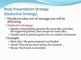 Body Presentation Strategy
(Inductive Strategy) Speaker begins only by hinting at the main idea, then
presents details le...