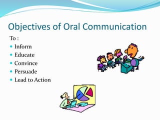 Objectives of Oral Communication
To :
 Inform
 Educate
 Convince
 Persuade
 Lead to Action
 
