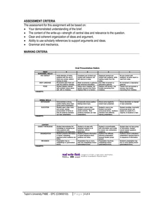 Taylor’s University FNBE - EPC (COM30103) 4 | P a g eP a g e | 4 of 4
ASSESSMENT CRITERIA
The assessment for this assignment will be based on:
 Your demonstrated understanding of the brief.
 The content of the write-up—strength of central idea and relevance to the question.
 Clear and coherent organization of ideas and argument.
 Ability to use scholarly references to support arguments and ideas.
 Grammar and mechanics.
MARKING CRITERIA
 