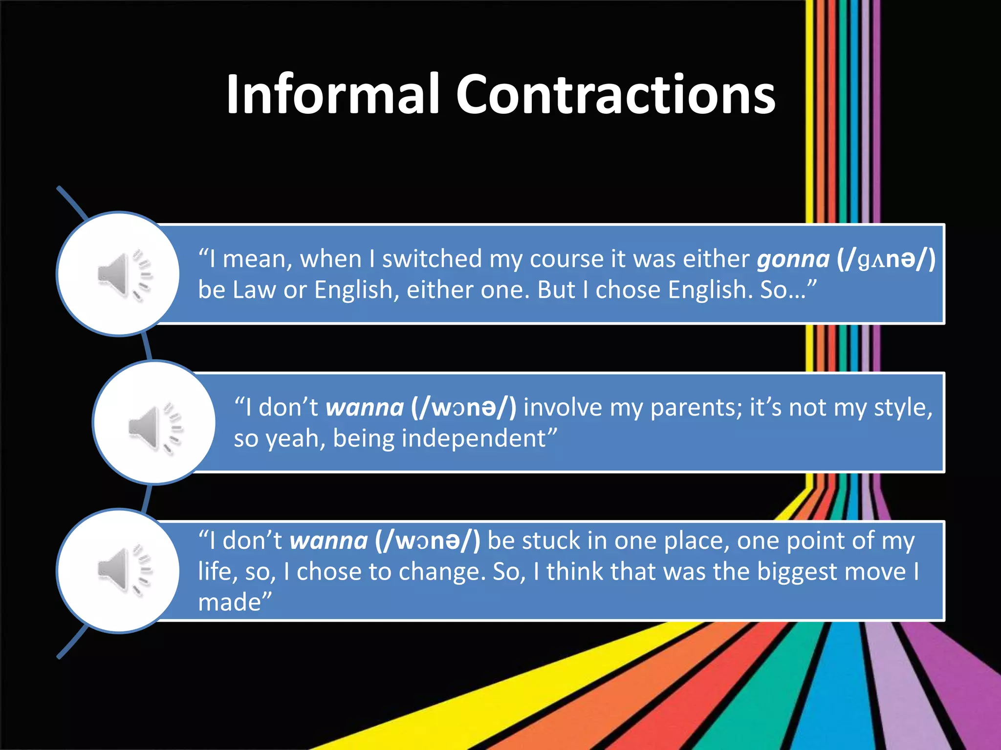 Informal Contractions
“I mean, when I switched my course it was either gonna (/ɡʌnə/)
be Law or English, either one. But I chose English. So…”

“I don’t wanna (/wɔnə/) involve my parents; it’s not my style,
so yeah, being independent”

“I don’t wanna (/wɔnə/) be stuck in one place, one point of my
life, so, I chose to change. So, I think that was the biggest move I
made”

 