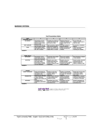 MARKING CRITERIA
Taylor’s University FNBE - English 1 (ELS 3215/ ENGL 0105) 4 |
P a g e
P a g e | 4 of 4
 