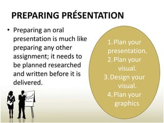 PREPARING PRÉSENTATION
• Preparing an oral
  presentation is much like    1.Plan your
  preparing any other          presentation.
  assignment; it needs to      2.Plan your
  be planned researched           visual.
  and written before it is    3.Design your
  delivered.                      visual.
                               4.Plan your
                                 graphics.
 