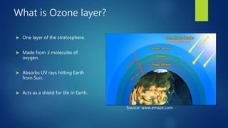 What is Ozone layer?
 One layer of the stratosphere.
 Made from 3 molecules of
oxygen.
 Absorbs UV rays hitting Earth
from Sun.
 Acts as a shield for life in Earth.
Source: www.emaze.com
 