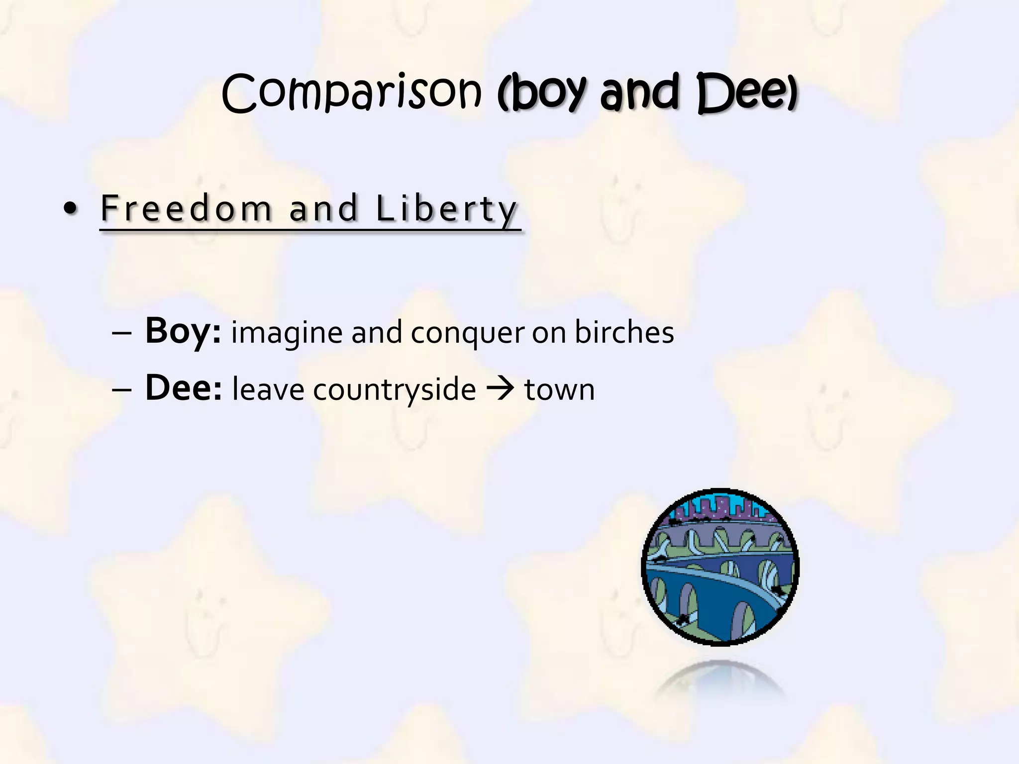 Comparison (boy and Dee)Freedom and LibertyBoy:imagine and conquer on birchesDee:leave countryside  town