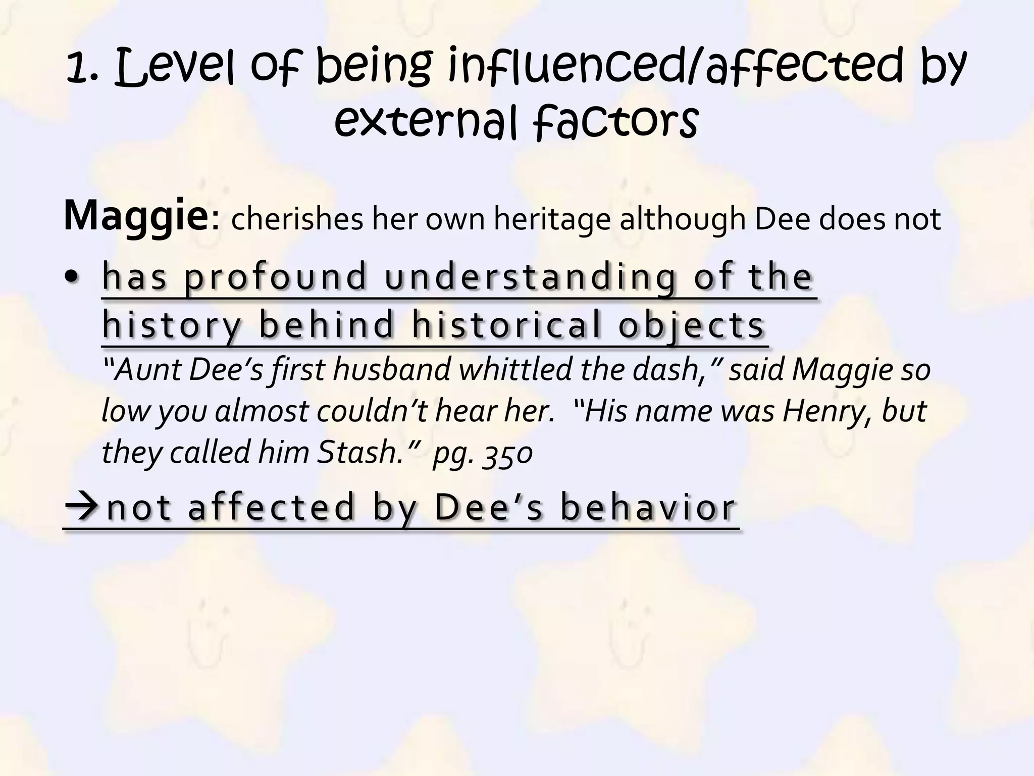 2. Relationship between parents (mothers) Rosie: distant relationship with Mrs. HayashiLinguistic barrier (Western VS Japanese)does not fully understand each other“…Rosie pretended to understand [the Haiku Tome wrote] thoroughly and appreciate it no end”  pg. 208Generational difference (Nisei VS Issei)Rosie does not understand Tome’s situation“Do you know why I married your father?” [Tome] said without turning.“No,” said Rosie.
