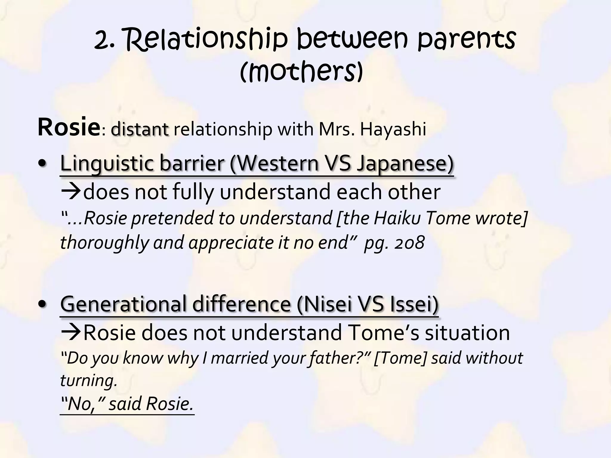 Maggie: intimate relationship with MamaMama ignores Dee’s requestgives Maggie the quilts“And then [Maggie and Dee] sat there just enjoying, until it was time to go in the house and go to bed”  pg. 3522. Relationship between parents (mothers) 